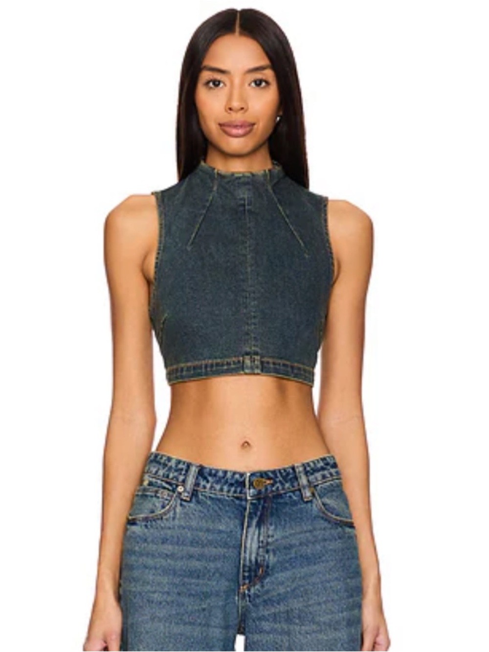 Sleeveless Dark Denim Cropped Mock Neck Tank - Women